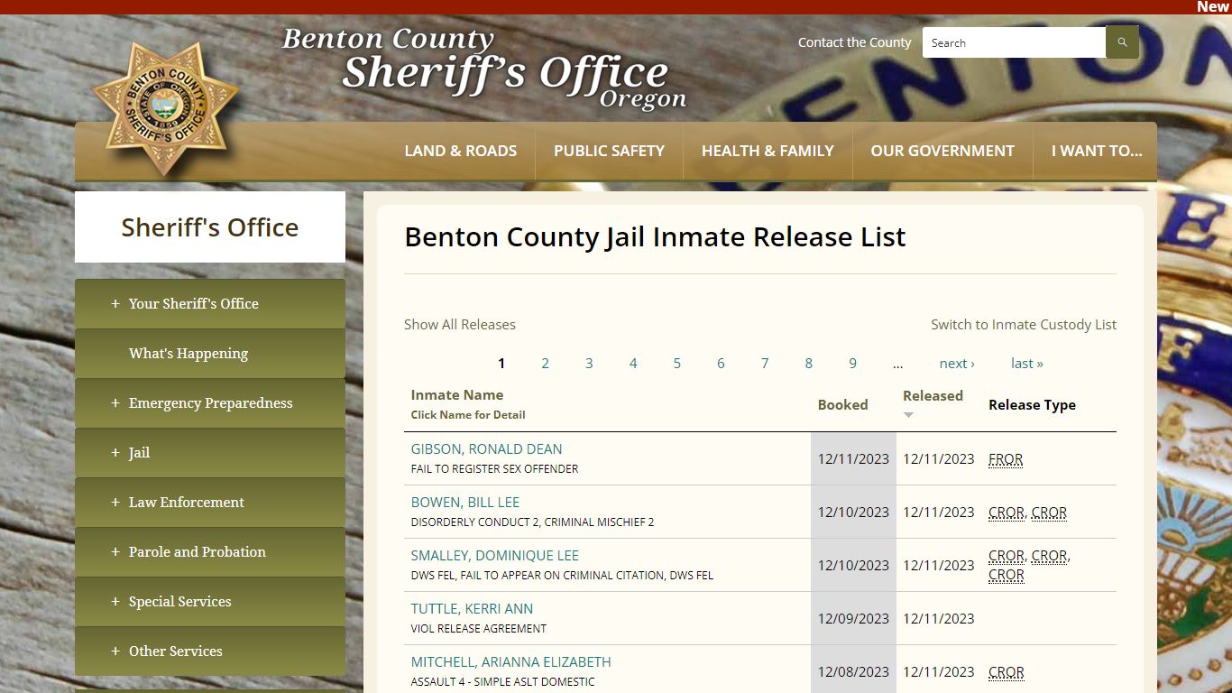 Benton County Jail Inmate Release List | Benton County Oregon